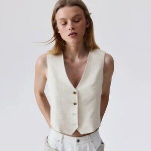 H&M Linen Vest Top Ivory Beige Size XS Button Front